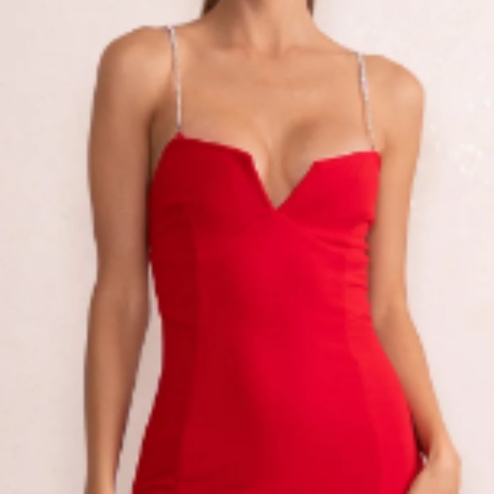 Red Prom Dress with Chain Straps and square V neck size 4